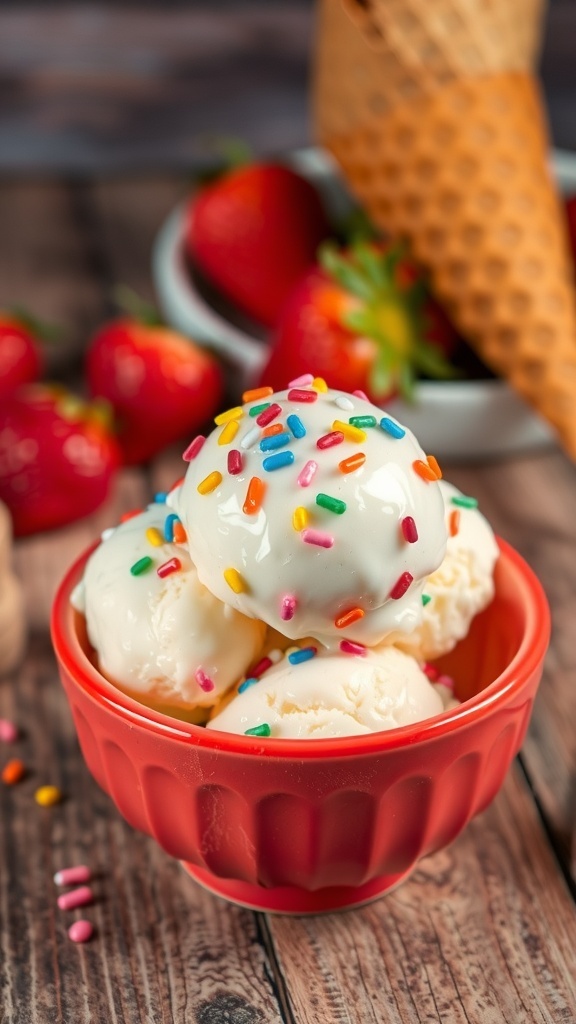 A bowl of vanilla ice cream with sprinkles on a wooden table, surrounded by strawberries and a waffle cone.